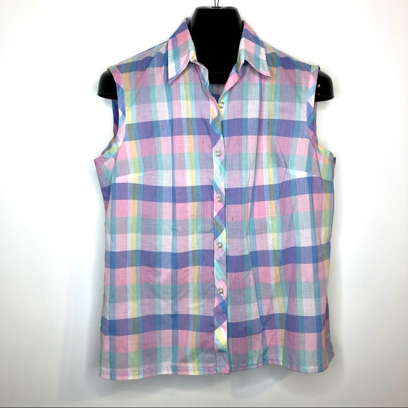 VINTAGE 70s Pastel Retro Blouse Buttoned Tank Top Shirt Checkered Plaid Large - Picture 5 of 9